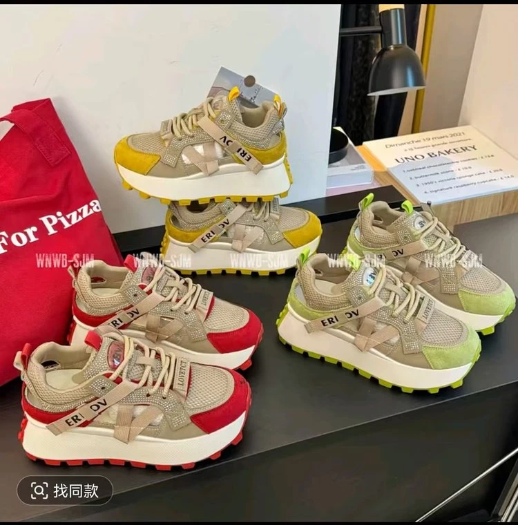 水钻镂空阿甘鞋女2025新款百搭厚底增高拼色透气休闲轻便老爹鞋潮