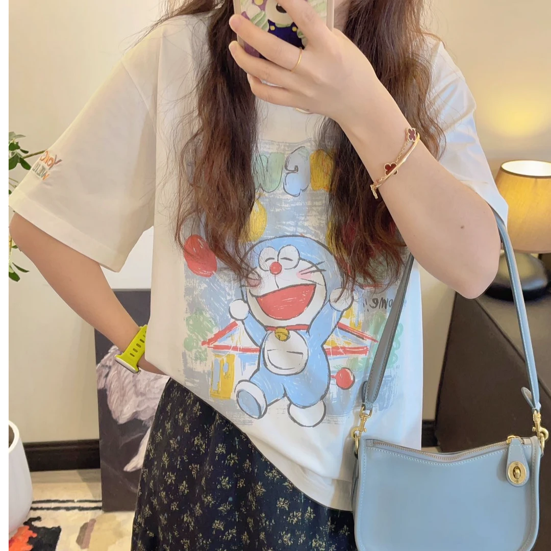 纸袋家夏季新款「彩铅哆啦卡通短袖宽松印花」3801韩系减龄t恤女
