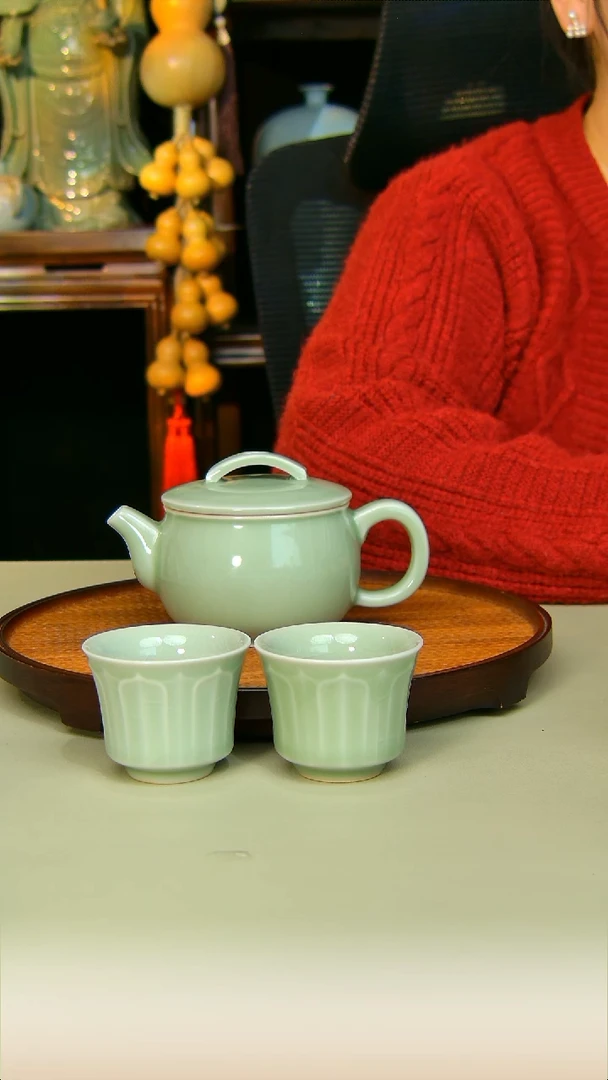 汝瓷豆绿汉瓦加两杯全手工原矿