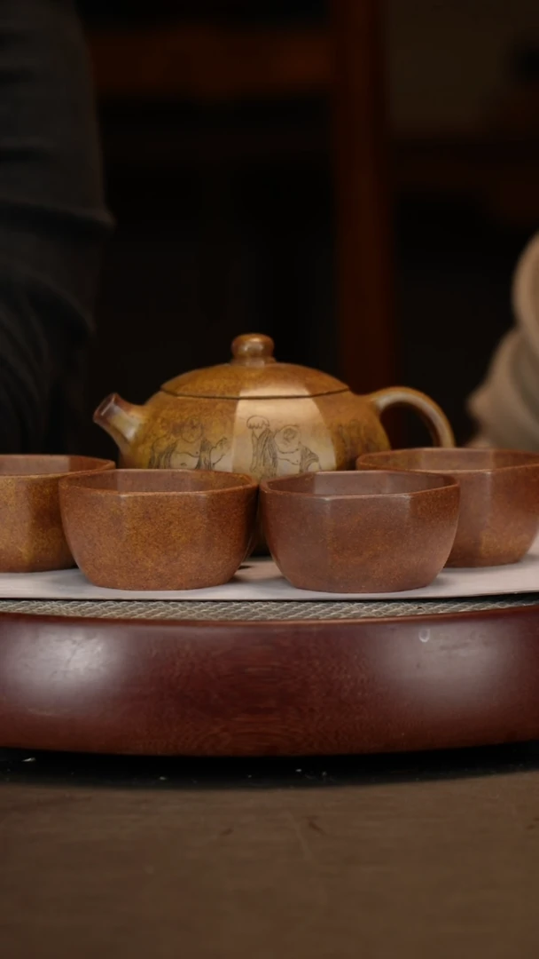 【闪购商品】紫砂茶壶八方西施套组+蹴鞠套杯+盖杯柴烧赏盘+画