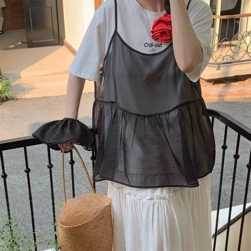 大码孕妇夏季新款韩版宽松短袖T恤+胖mm网纱吊带背心上衣裙2199