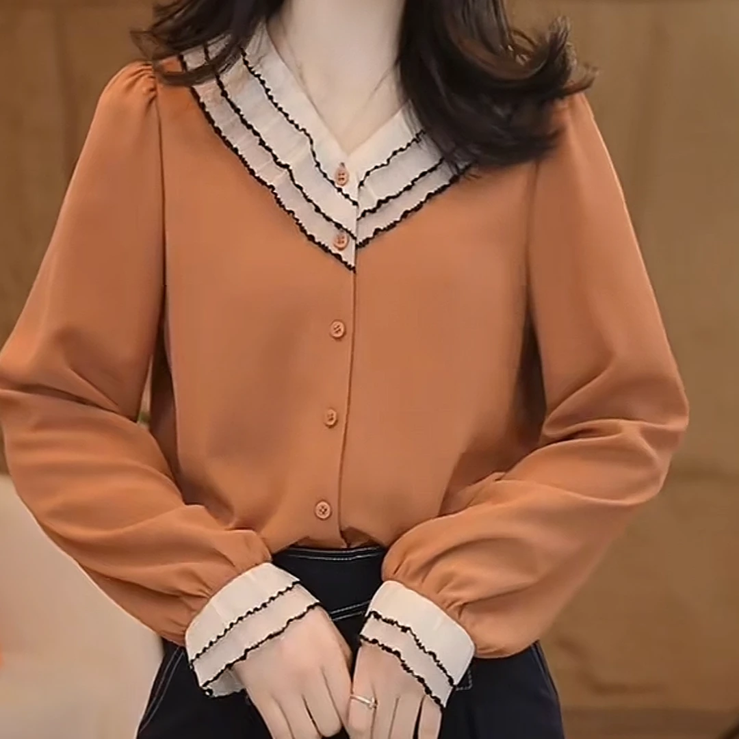 设计感撞色领子砖红色衬衫女2025新款春季欧若风时尚休闲女士衬衣