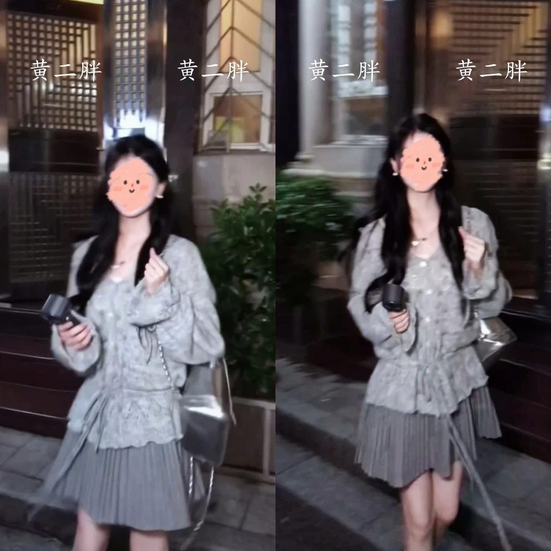 设计感灰色V领长袖毛衣女秋季新款系带宽松针织衫上衣+百褶裙套装