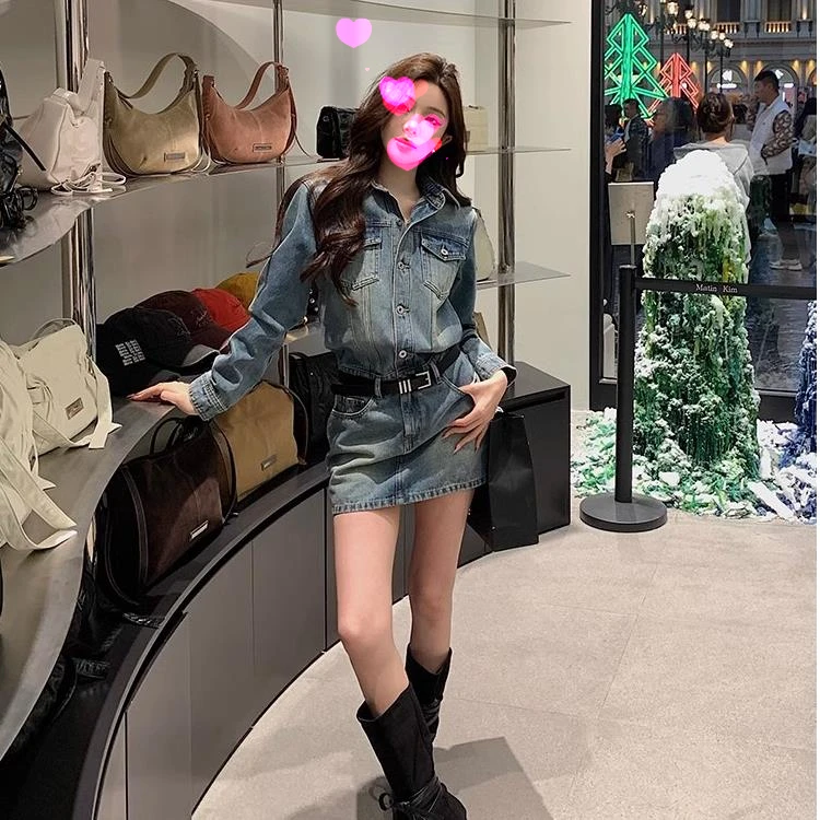 春秋复古御姐风牛仔连衣裙女小个子春季新款修身显瘦气质撞色短裙