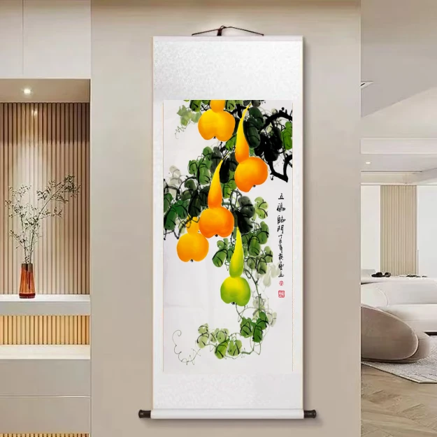 【葫芦·五福临门】160*60新中式竖幅实木卷轴挂画客厅书房茶室挂画