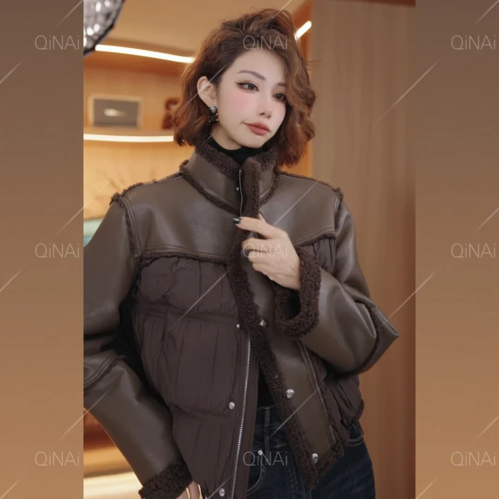 七奈 「路泽」韩版复古宽松显瘦拼皮羽绒服 QN13239