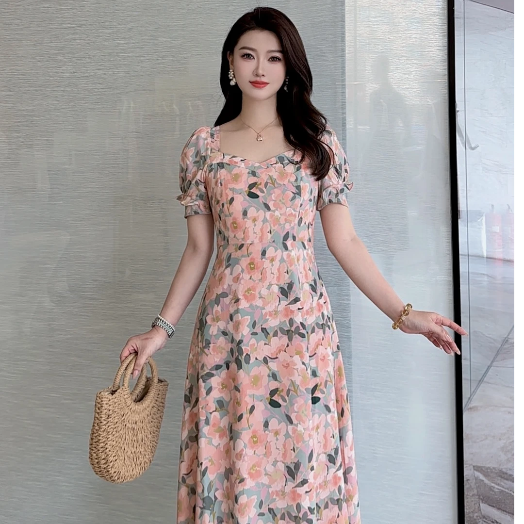 GIRDEAR/哥弟夏季轻薄桑蚕丝法式碎花收腰泡泡袖连衣裙女1500483