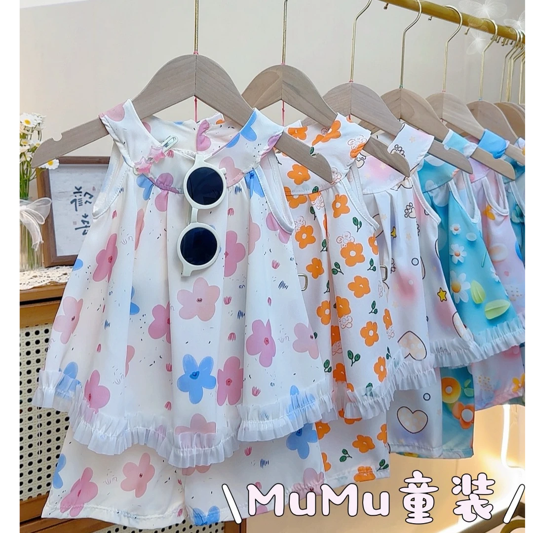 2025新款女童裙子夏天薄款套装碎花女孩裙子洋气可爱清新无袖套装