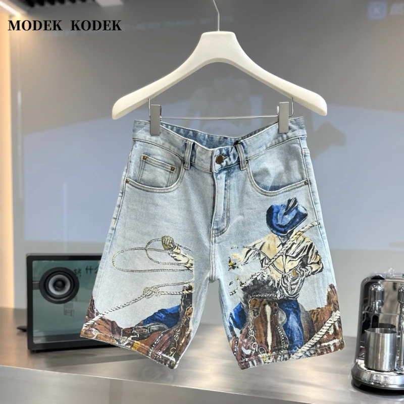 MODEK KODEK轻奢高品质印花牛仔短裤男士夏季宽松百搭休闲五分裤