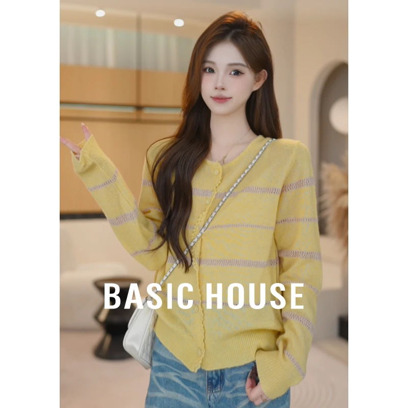 Basic House/百家好秋季新款条纹宽松显瘦防晒针织衫B1195B58A92