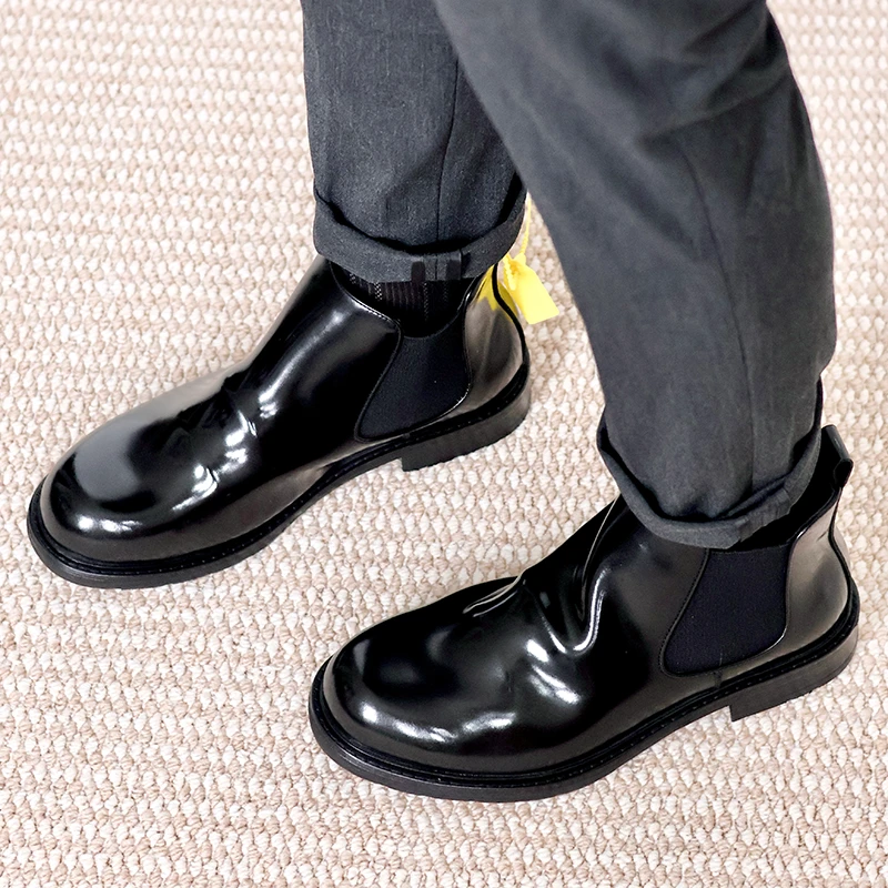 马臀皮切尔西靴男靴大码休闲复古波浪纹褶皱做旧真皮大底高帮男鞋