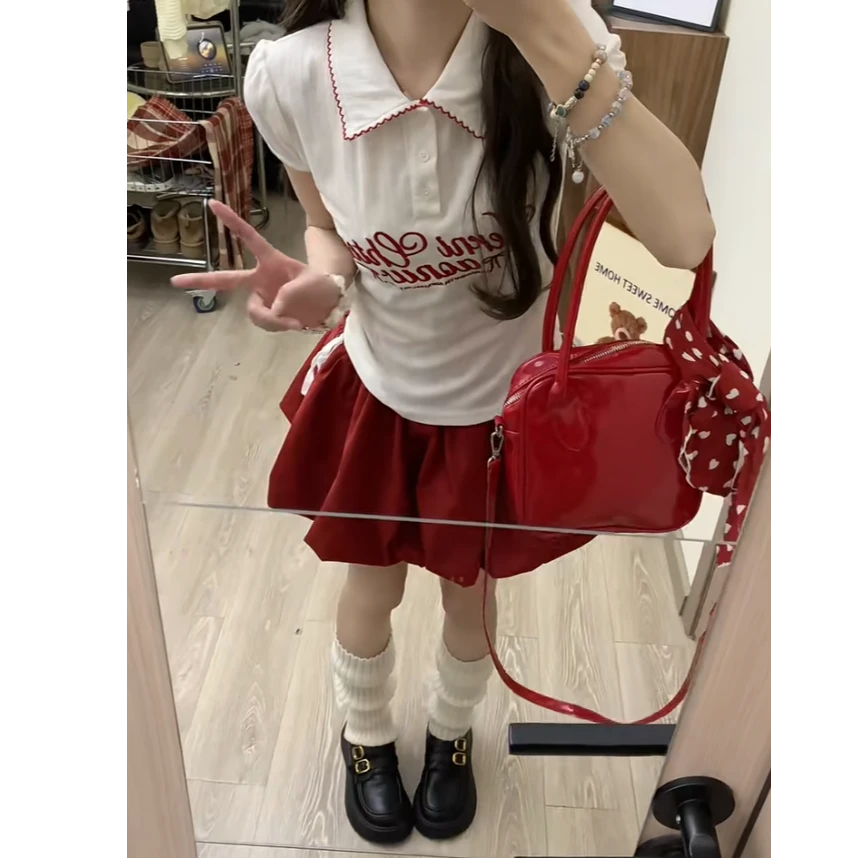 巨好看的夏装套装女学院风甜辣妹polo领字母上衣花苞半身裙两件套