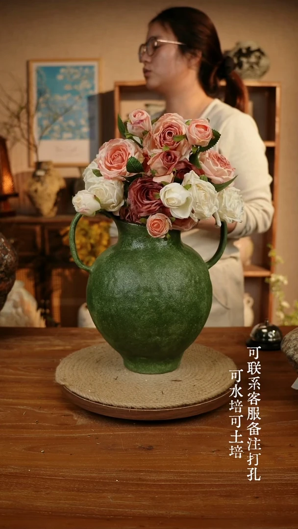 陶瓷291绿色双耳大肚瓶可水培可土培