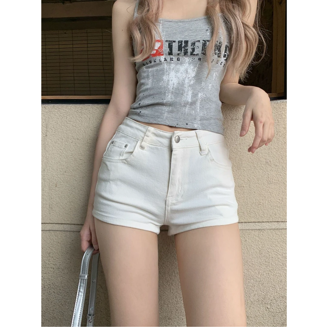 美式白色修身牛仔短裤女夏季新款高腰显瘦百搭紧身辣妹包臀热裤潮
