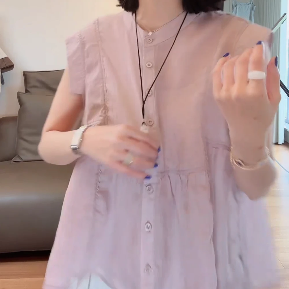 拼接压线圆领飞飞袖衬衫夏季新款纯色上衣