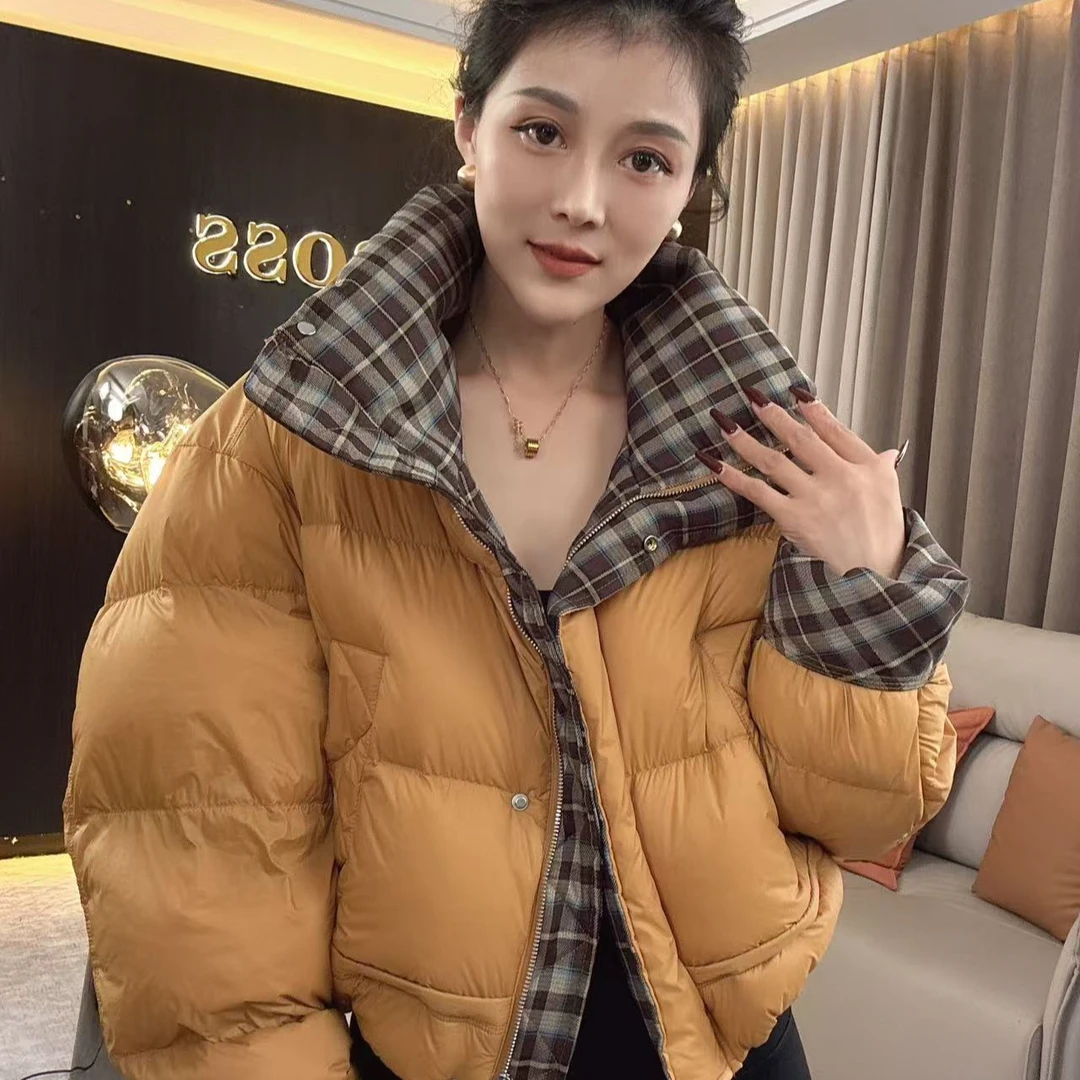 【耿老板1260#】格子领拼接时尚精致短款面包服保暖战袍安心绒外套