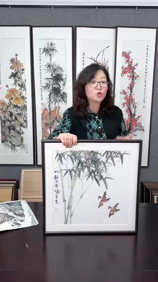 【闪购商品】国画实木装裱 52*52 竹子麻雀