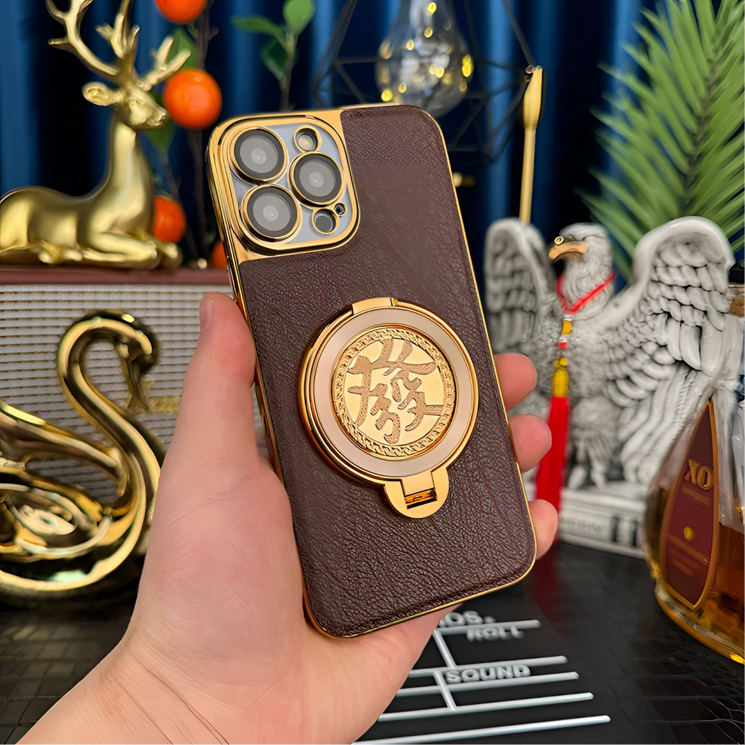 [發字旋转支架+树纹电镀机甲]适用苹果16 Pro手机壳防摔皮纹壳