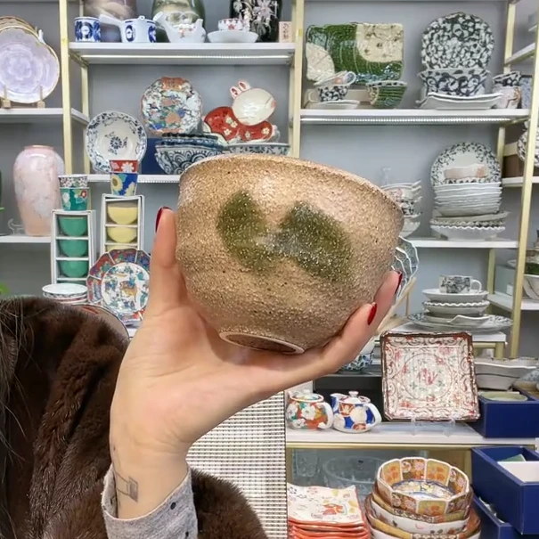 新款【单支】日本进口美浓烧粗陶手捧碗11cm-唐津織部刷毛