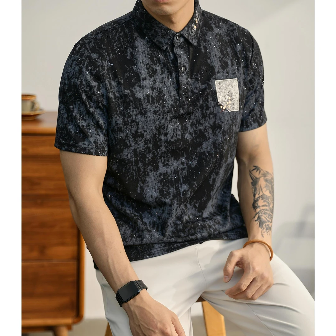 奥兰德保罗满天星烫钻贴布Polo衫男夏季梅花刺身体恤百搭翻领T恤