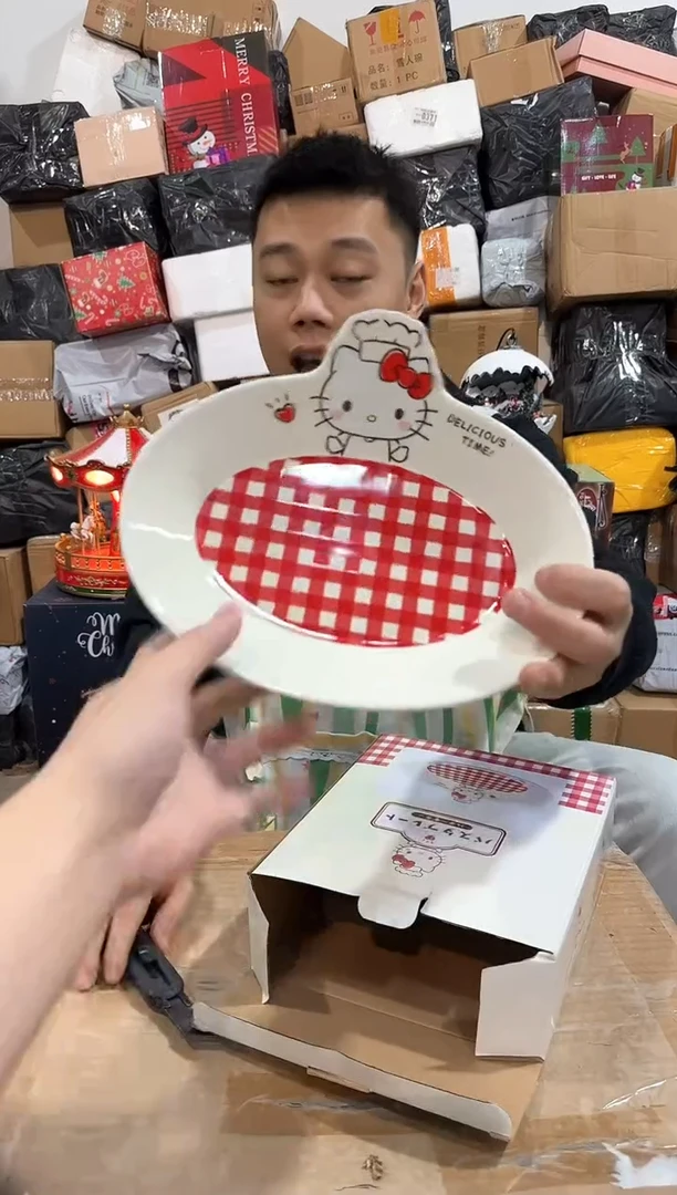 瓷片原盒kt猫红格子餐盘