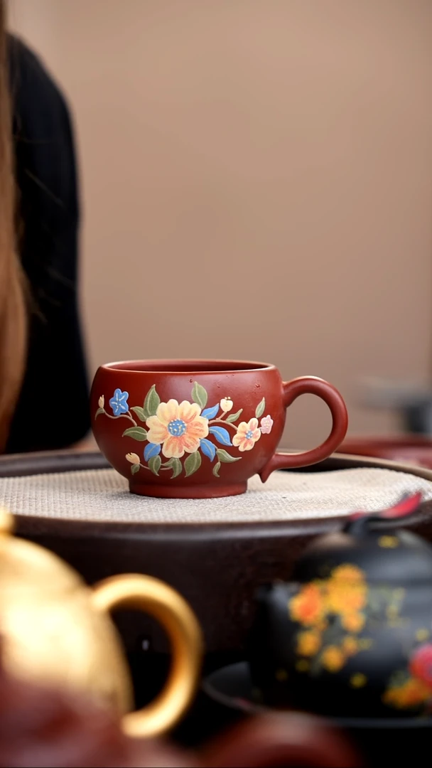 茶壶紫砂朱泥蓝花把杯