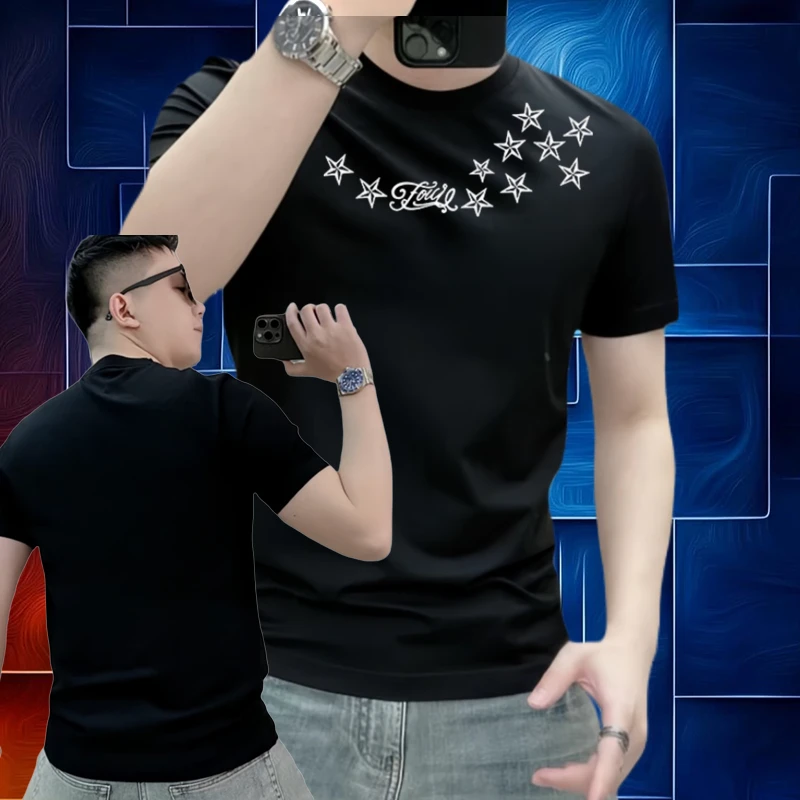 2025夏季个性星星短袖t恤男士时尚半袖修身个性男女上衣百搭体恤