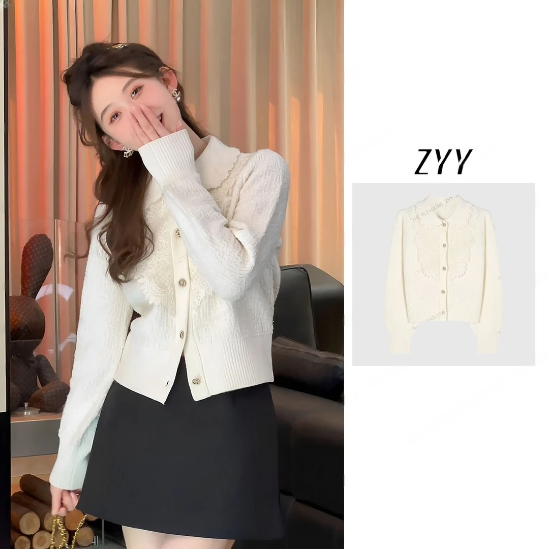 ZYY【次日清晨】2024S/S新品娃娃领花边蕾丝精致毛针织衫X24DZ1268