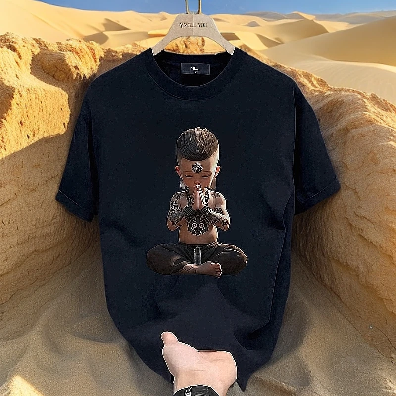 佛系小男孩纯棉半袖T恤青年男士夏季新款ins潮牌街头宽松圆领潮流