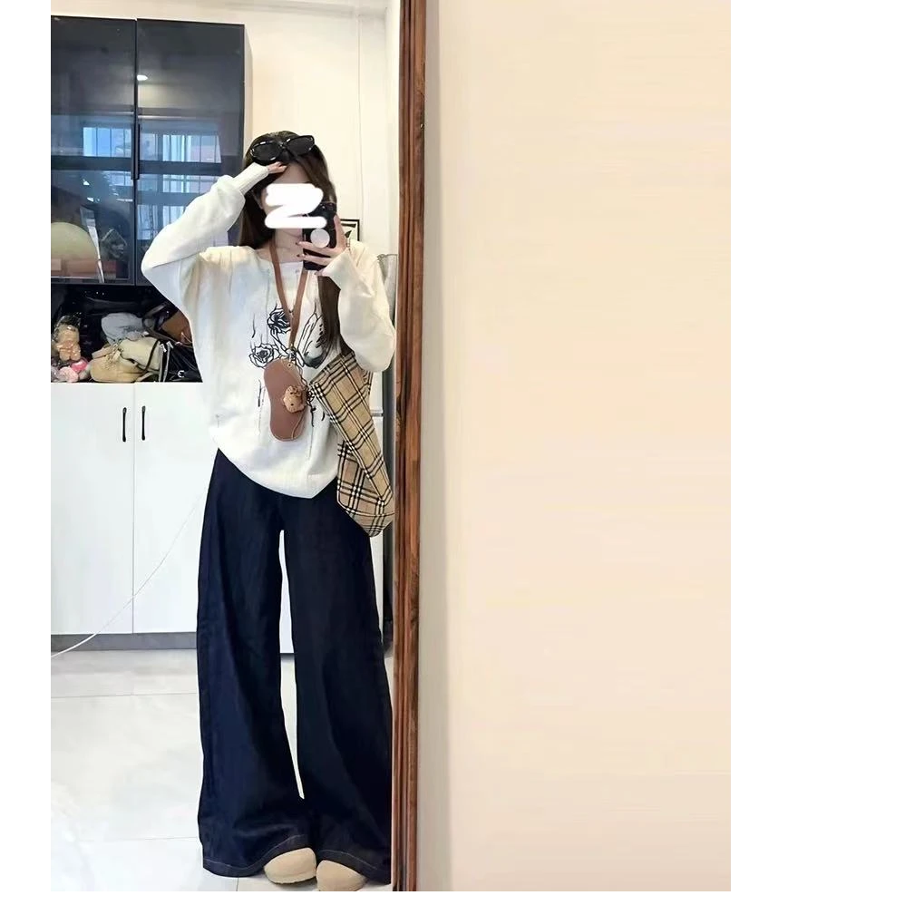 挺缘深蓝色美式宽松阔腿牛仔裤女2025年春秋新款慵懒感拖地直筒裤
