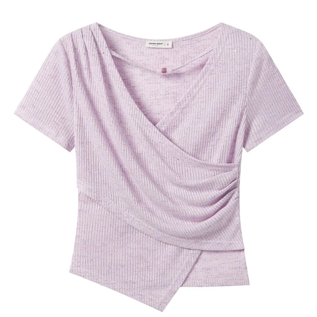 羊城故事-粉紫色亮片坑条纹肌理感V领串珠短袖上衣Y50450179