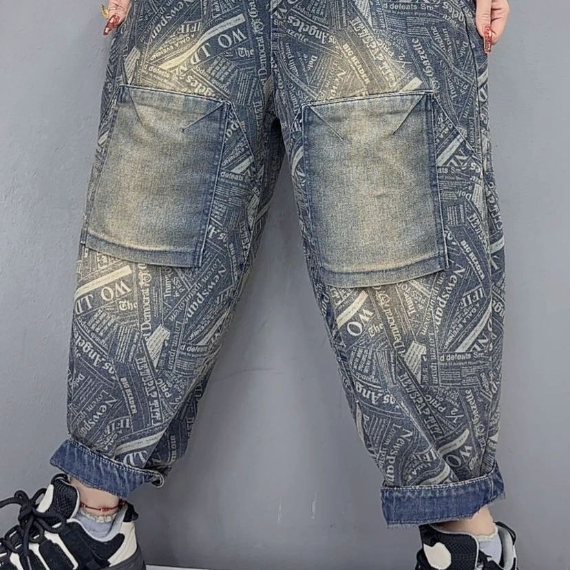 FWS-86195春款潮流字母印花牛仔老爹裤贴布宽松洋气百搭