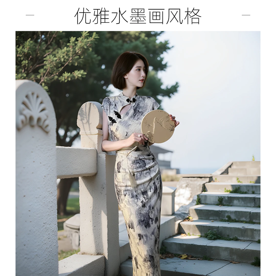 新中式旗袍连衣裙夏装新款包臀显瘦开叉高级感法式赫本风长款裙子