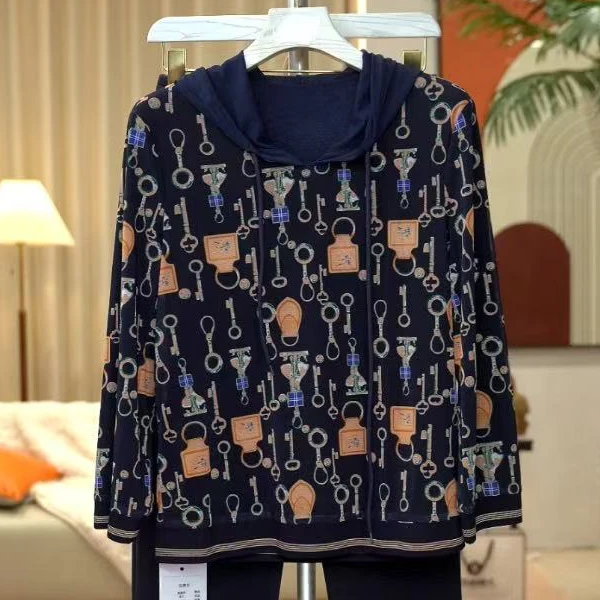 春夏网纱显瘦舒适弹力蓝色长袖碎花连帽休闲减龄女套头衫T5512