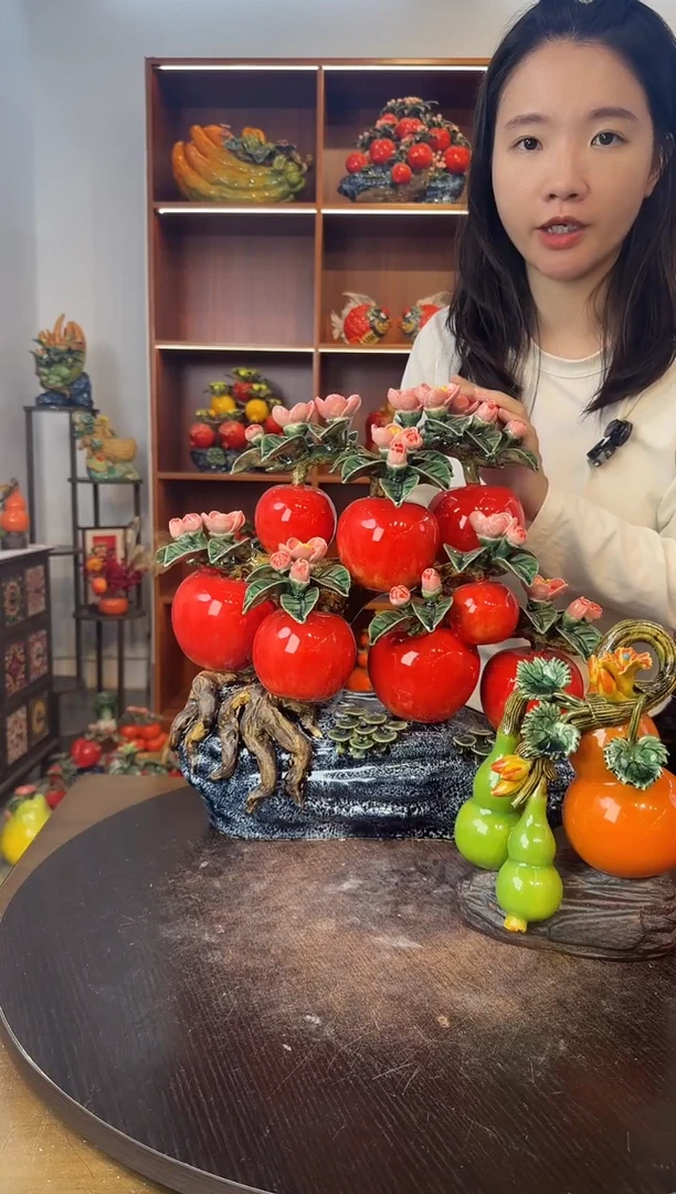 陶瓷八苹果树摆件