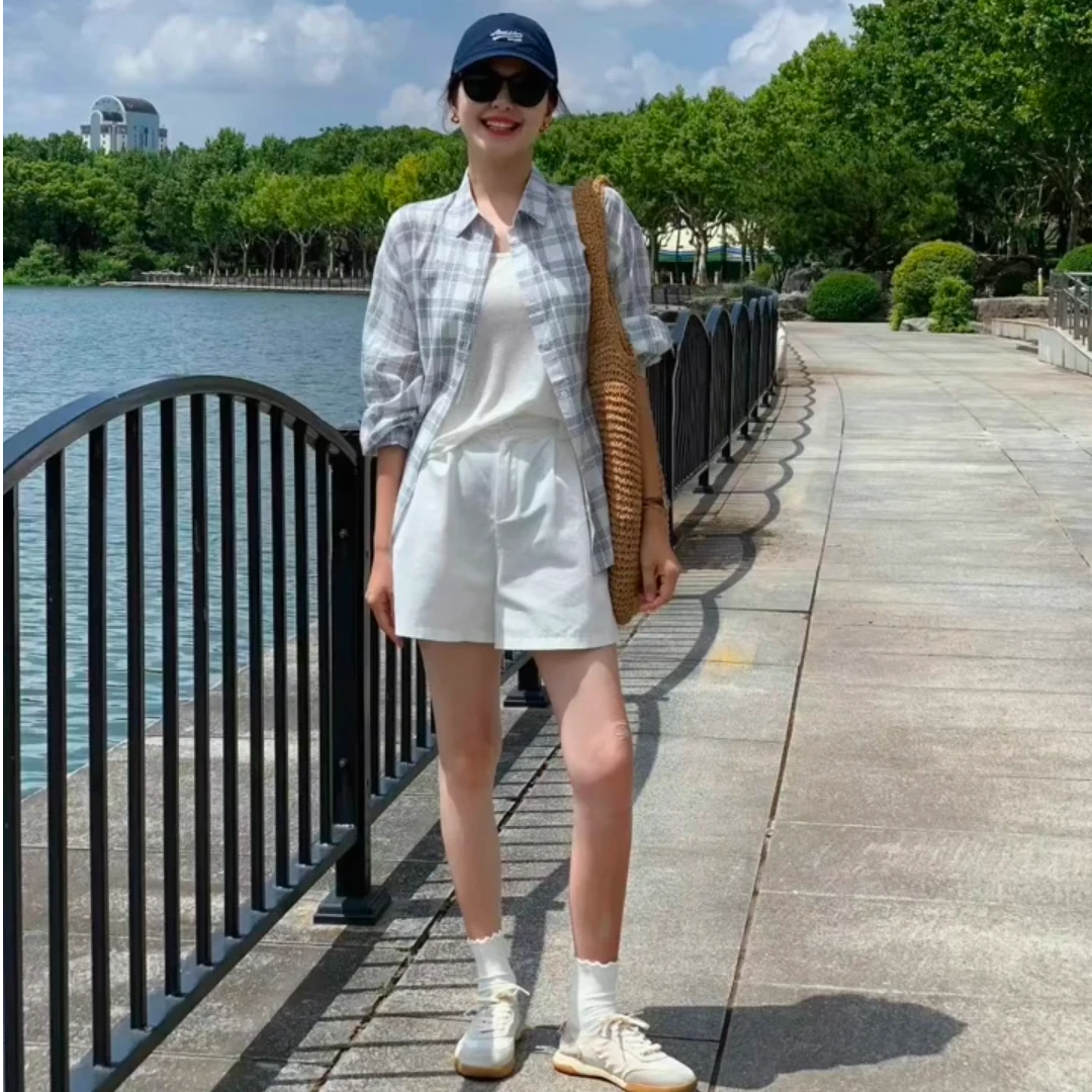 百搭格子防晒慵懒松弛感长袖衬衫夏薄款休闲开衫外套白色短款套装