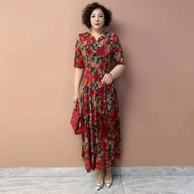 508高档弹力大摆长裙夏季新款中老年妈妈时尚洋气纯色V领连衣裙子