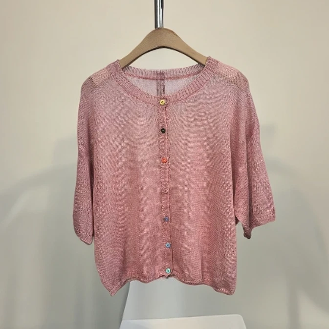 绒贝斯8906亚麻针织开衫薄款女夏圆领彩扣外搭上衣短款宽松防晒衣