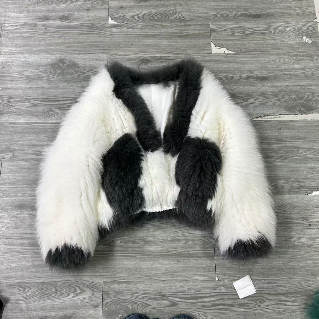 【高高甄选】棒球款深灰拼白色编织毛毛短外套