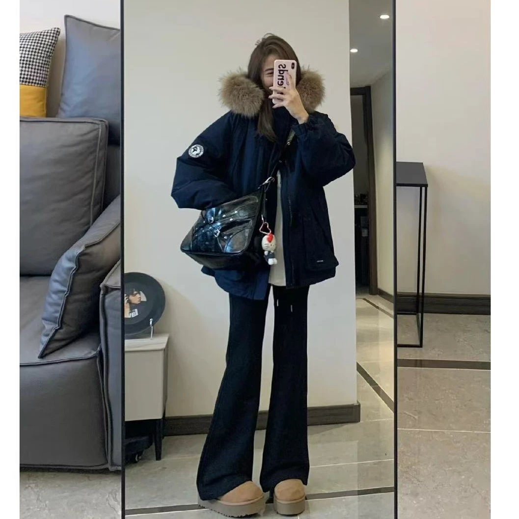 【现货清仓】藏蓝色工装棉衣派克棉服女大毛领冬季高级加厚韩系冬装