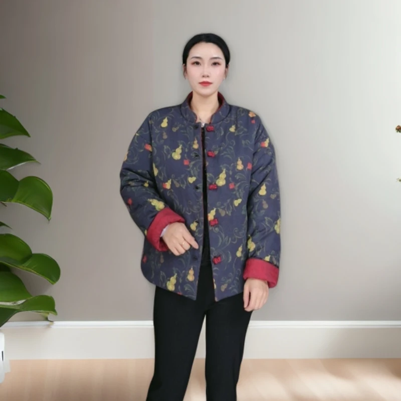 11884-新中式双面穿复古文艺风盘扣棉衣冬新款棉服妈妈装 依恋秀