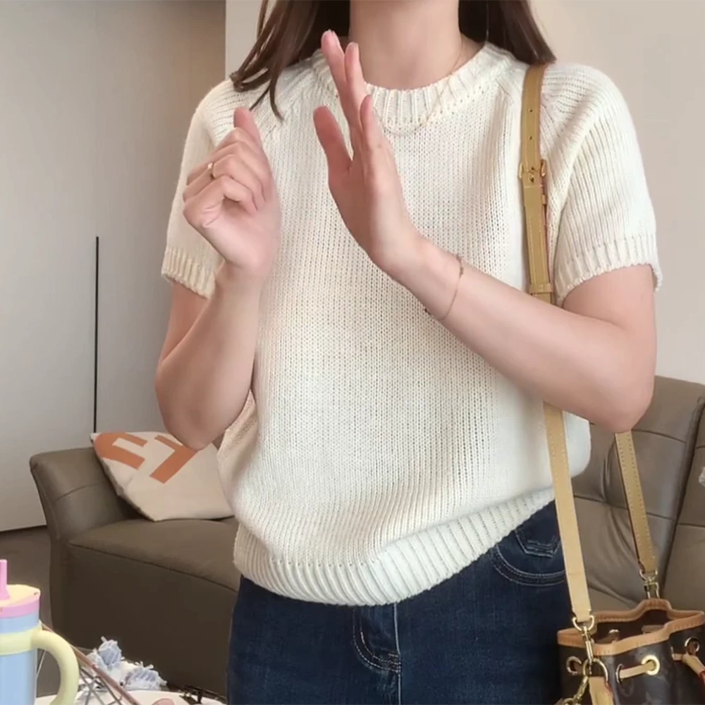 【轻风】秋季新款韩版百搭纯色气质显瘦针织短袖C5948