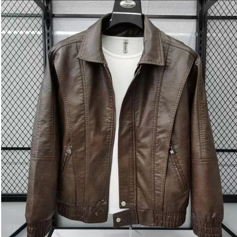 新款高品质男士翻领休闲皮衣夹克