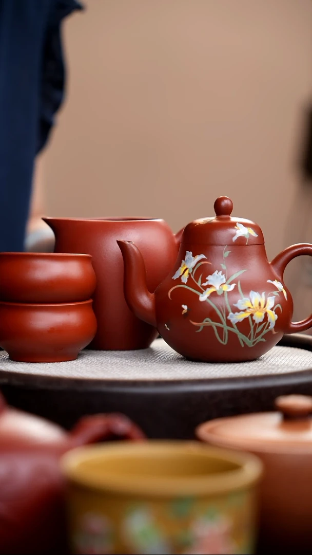 茶壶紫砂朱泥思婷泥绘兰花+公道杯+2杯008