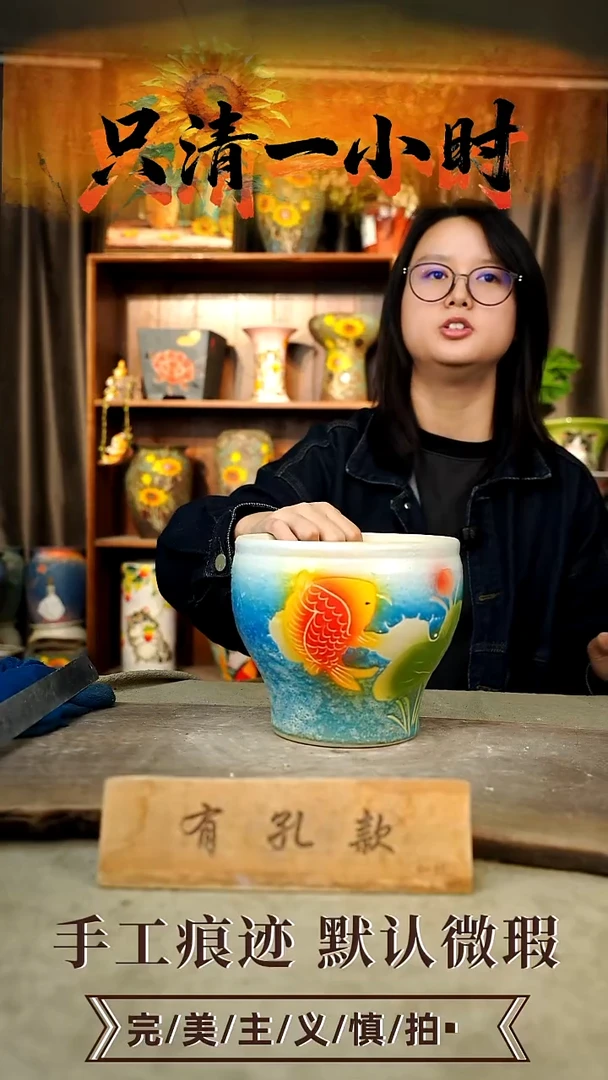 摆件23-173口17高14有孔误差1-2默认釉面瑕疵手工花器