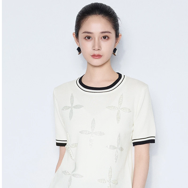 【小熊专属】马天奴新款白色圆领短袖钉珠针织衫毛衫撞色VHS833SWH0