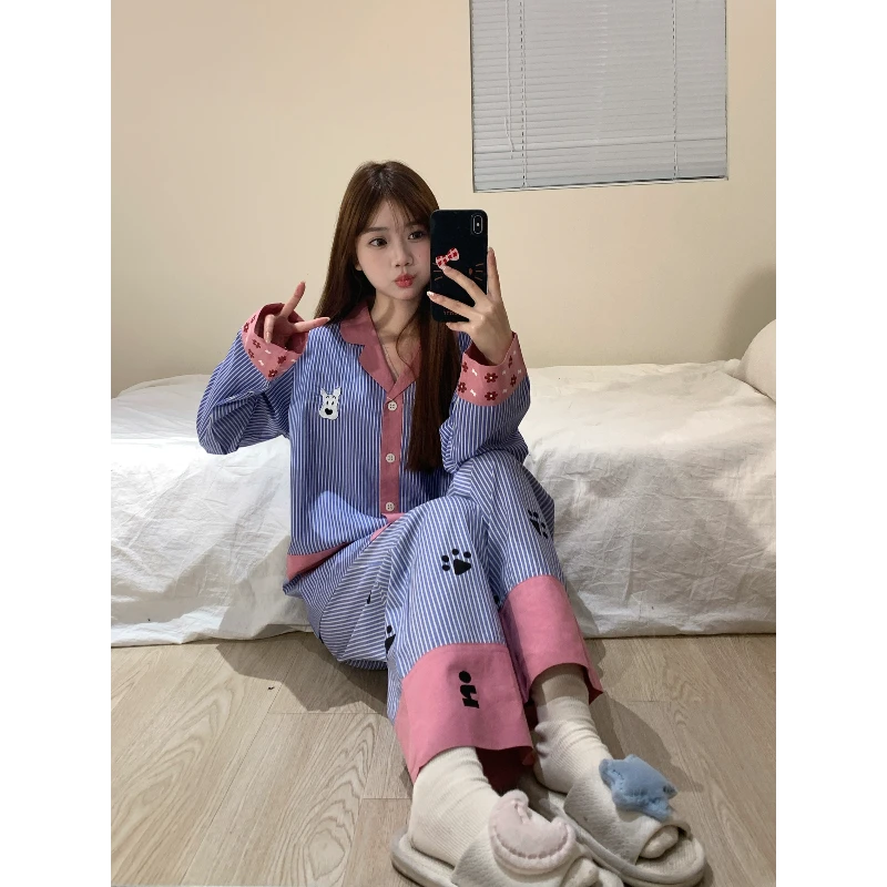 2025新款撞色拼接条纹小狗印花睡衣女款春秋季休闲外穿家居服套装