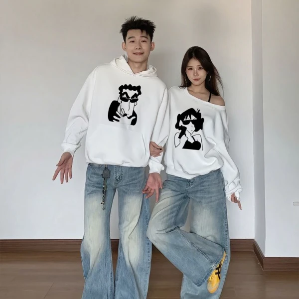情侣装卫衣秋冬季新款一男一女斜肩纯棉卫衣宽松韩版潮流情侣卫衣