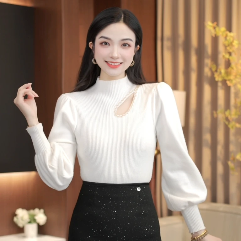 2025秋季新款镂空钉珠半高领针织打底衫女修身显瘦泡泡袖百搭上衣