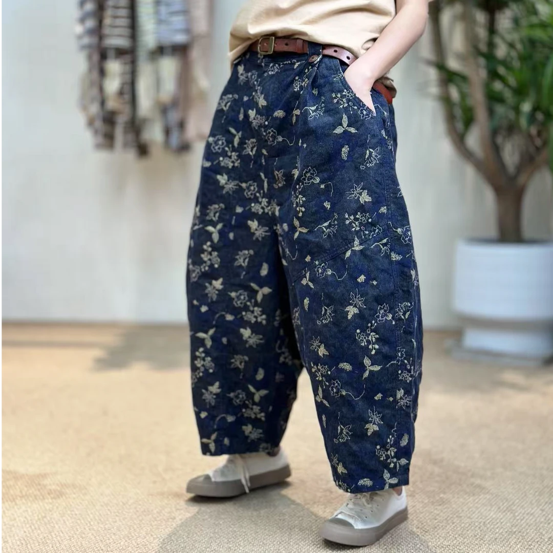 忆古朴拙246281夏季色织纯棉提花休闲裤复古文艺宽松百搭九分裤